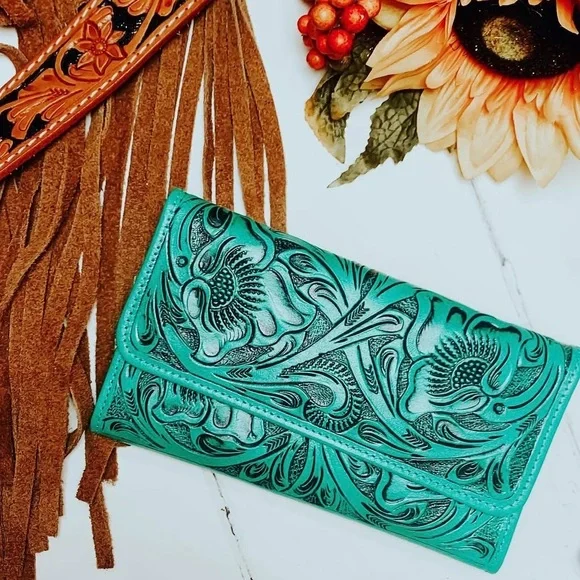 Boho Western Turquoise Hand tooled Leather wallet - Picture 1 of 9